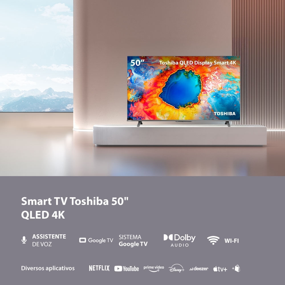 Smart TV 50" 4K UHD QLED Toshiba 50C450NS Dolby Vision Atmos, Bluetooth, HDMI e Wi-Fi (Preto)