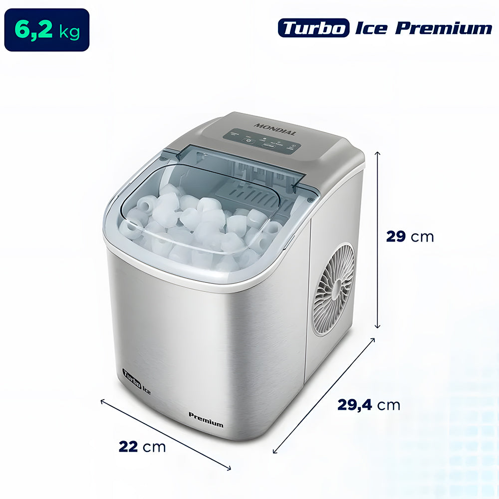 Máquina de Gelo Turbo, Ice Premium, Mondial, 12KG, Reservatório 1,3L, Cinza, 220V, MG-12-GI