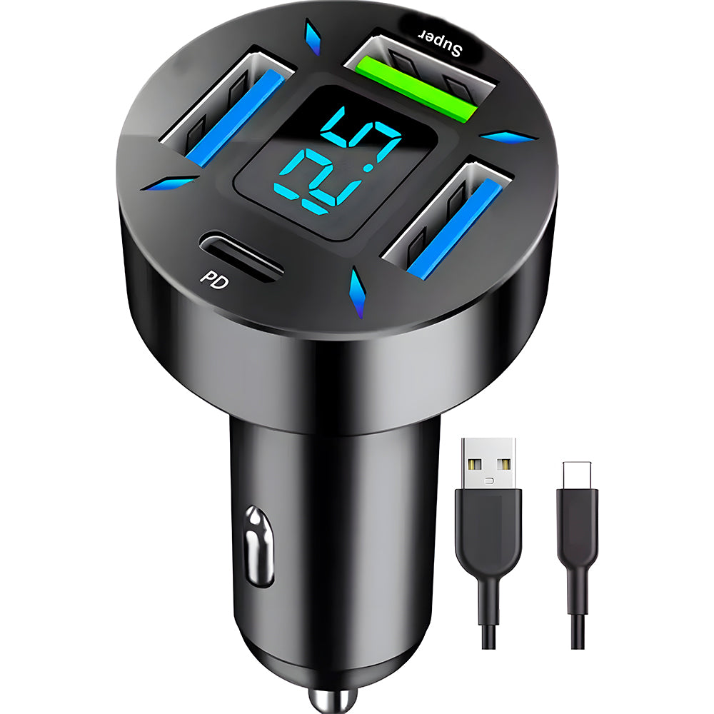 Carregador Veicular Turbo Fast Charging Com Três Portas USB 3.1A e Uma Porta USB-C - Preto
