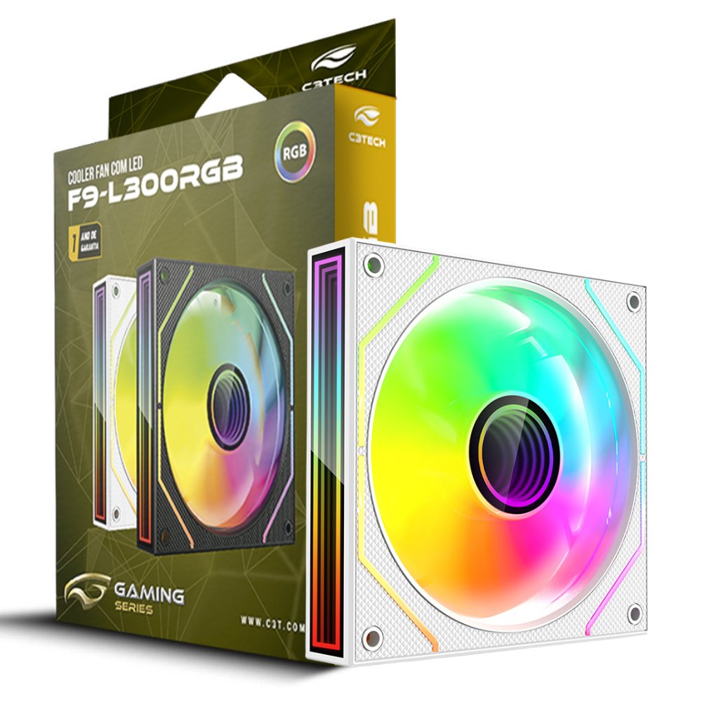 Cooler Fan F9‑L300WH C3Tech RGB 120 mm LED RGB Espelho Infinito, Moldura Slim, Molex 4‑Pinos - Branco