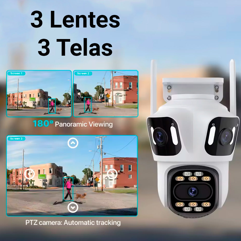Câmera de Segurança Lente Tripla Giratória IP, Full HD 8MP, Wi-Fi Bluetooth, Compatível Alexa, APP iCSee - Branco