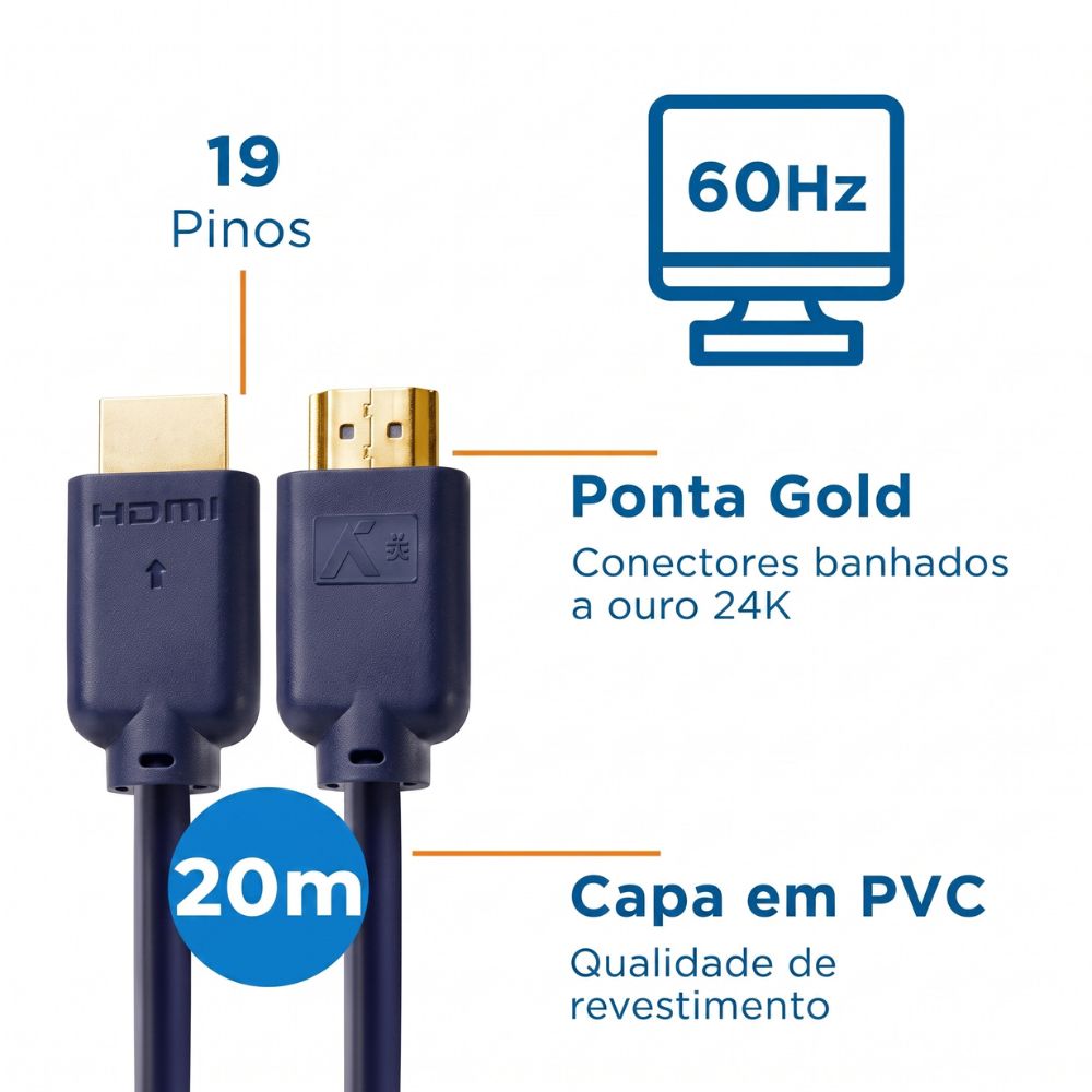 Cabo HDMi 20 Metros Aquario 2.0 4K 3D 19 Pinos 20 Metros - 4K20 - AQUÁRIO