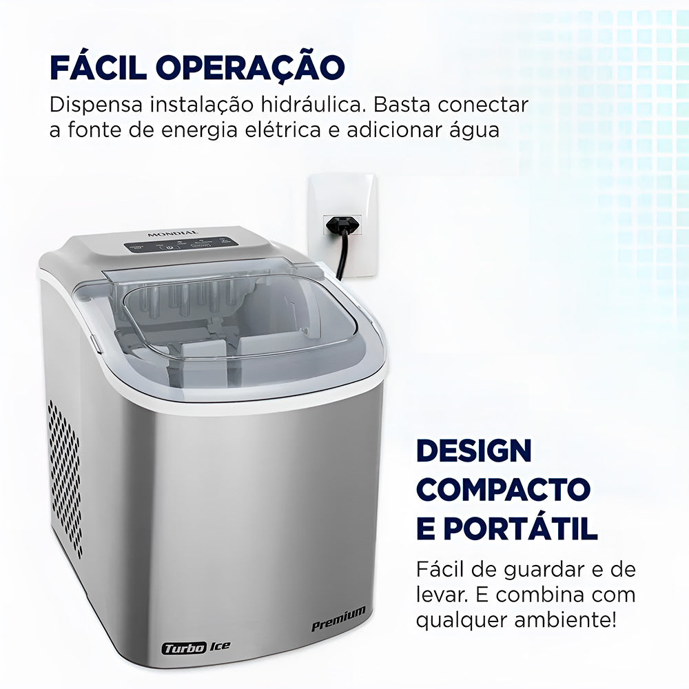 Máquina de Gelo Turbo, Ice Premium, Mondial, 12KG, Reservatório 1,3L, Cinza, 220V, MG-12-GI