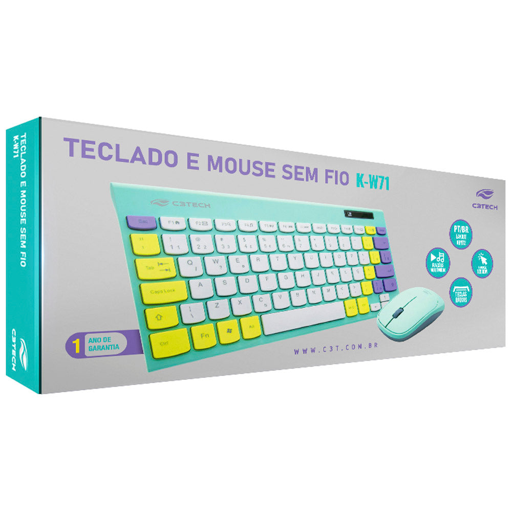 Kit Teclado e Mouse C3Tech, Sem Fio, 2,4GHz USB Nano, K-W71GN - Verde