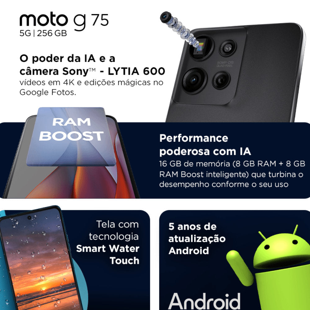 Smartphone Motorola Moto g75 5G 256GB 16GB (8GB RAM + 8GB RAM Boost) 50MP Sony Lytia 600 Camera Moto AI - Azul