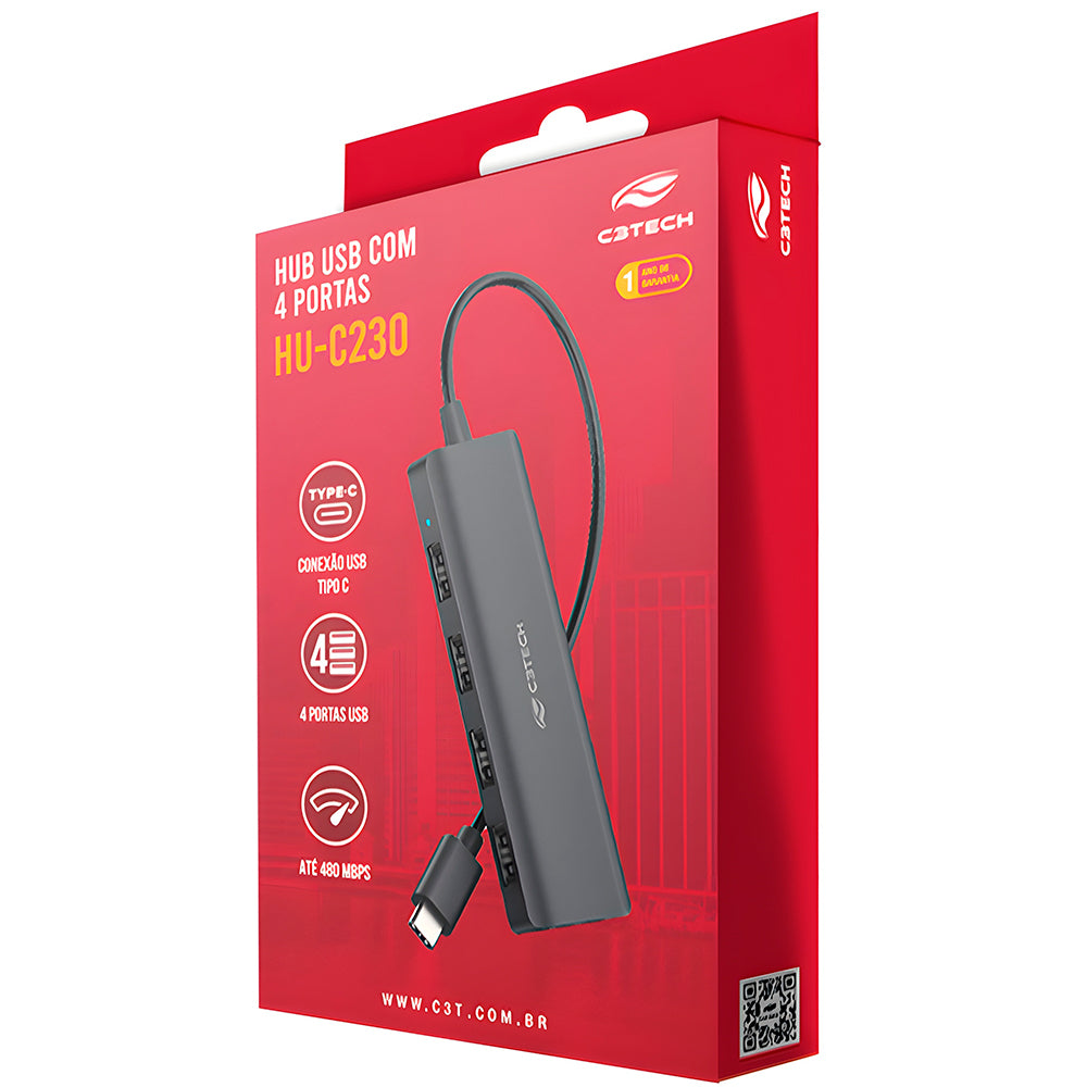 HUB USB Tipo-C 2.0 Com 4 Portas USB 2.0 HU-C230BK Plug And Play - C3Tech