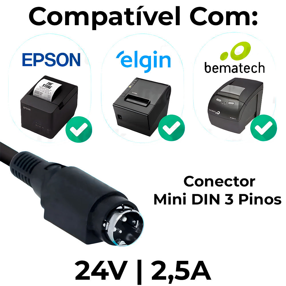 Fonte Para Impressora Térmicas Bematech, Tanca, Elgin, Daruma, Epson Fiscais e Não Fiscais 24V 2.5A MP2100 MP2500  MCM