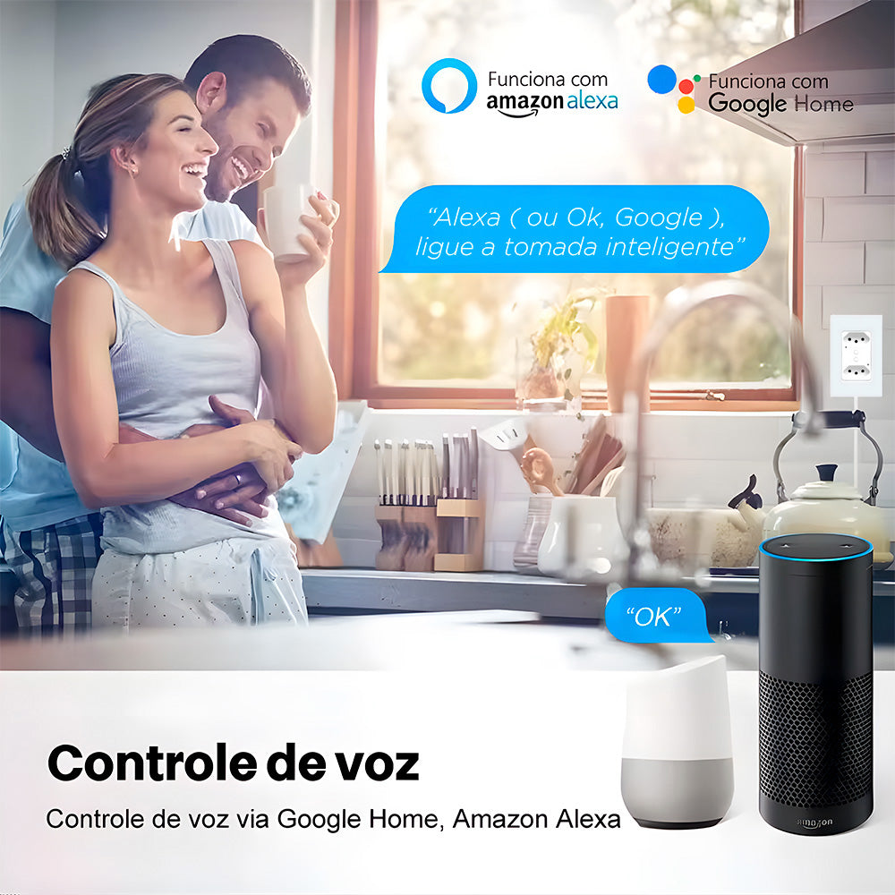 Tomada Dupla Inteligente, 13A, Painel de Vidro Temperado, Compatível Com Alexa e Google Home, Tuya, Branco