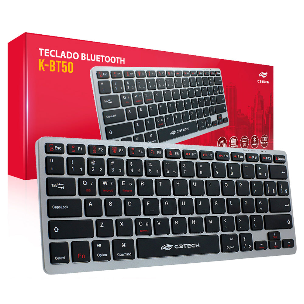 Teclado Bluetooth Multimídia K-BT50BK Recarregável Com Cabo USB-C, Sem Fio, Compacto - C3Tech