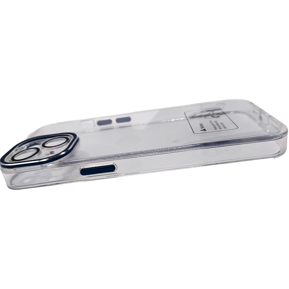 Capa Para iPhone 14, Transparente, Com Proteção de Câmera, Acabamento em Acrílico, Detalhes em Azul, BGM