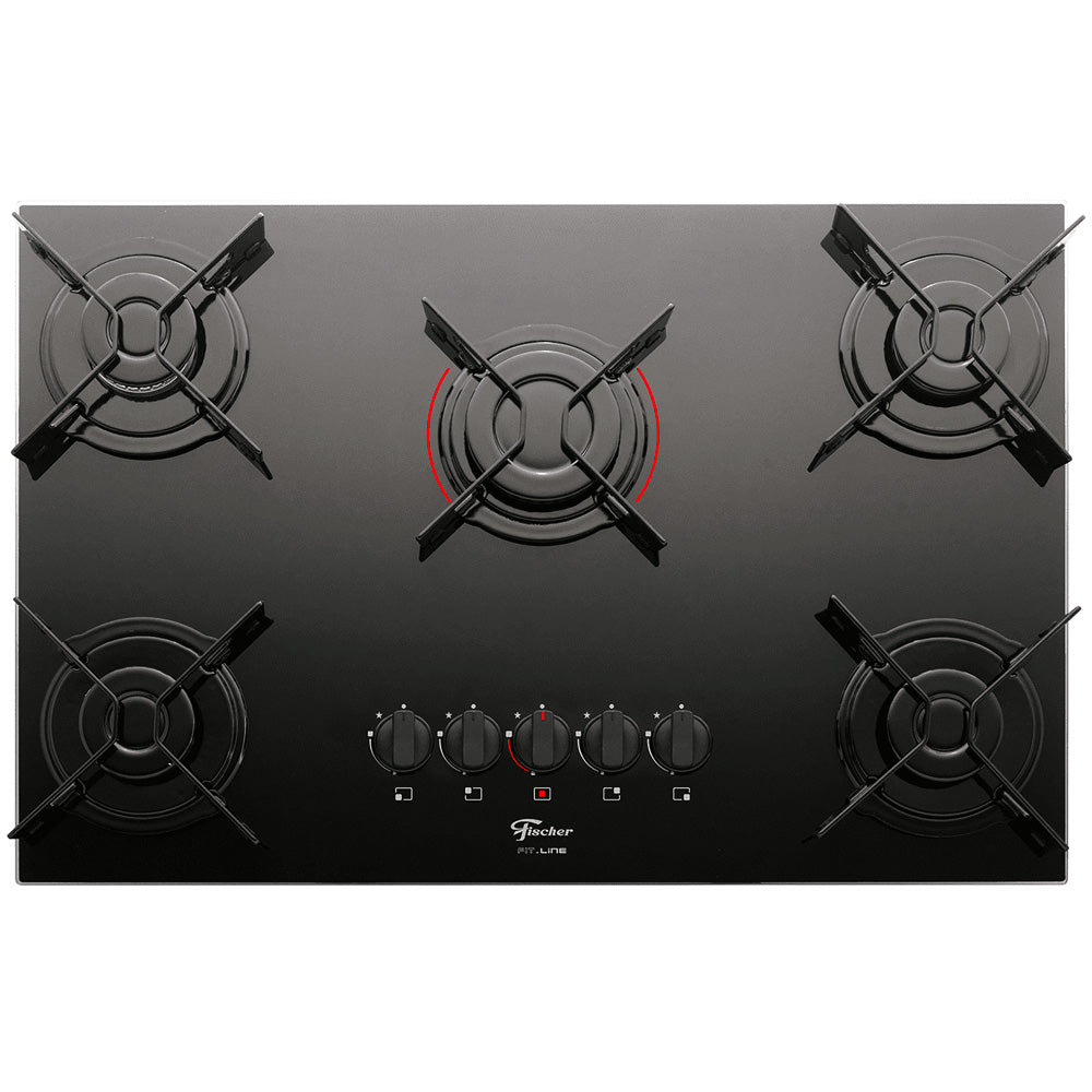 Fogão Cooktop 5 Bocas Fischer 5Q FIT LINE Gás Mesa Vidro Preto BIVOLT