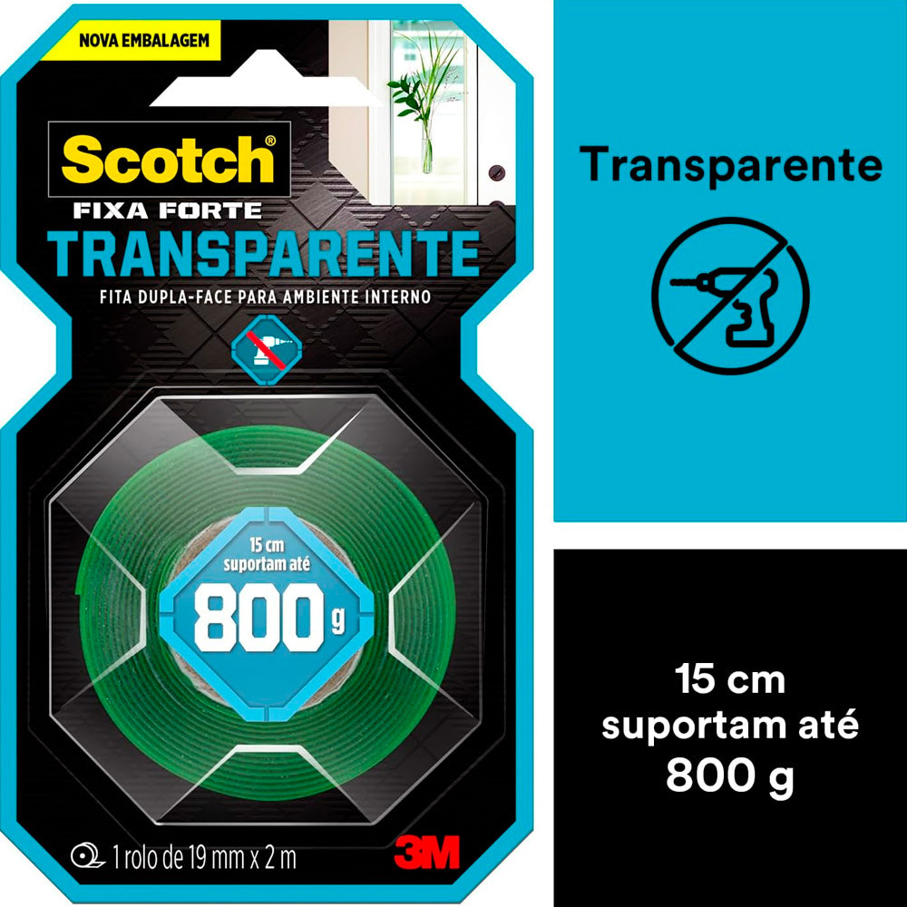 Fita Dupla Face 3M Scotch Fixa Forte Transparente, 19mm x 2m, Suporta até 800g, Substitui Pregos e Parafusos