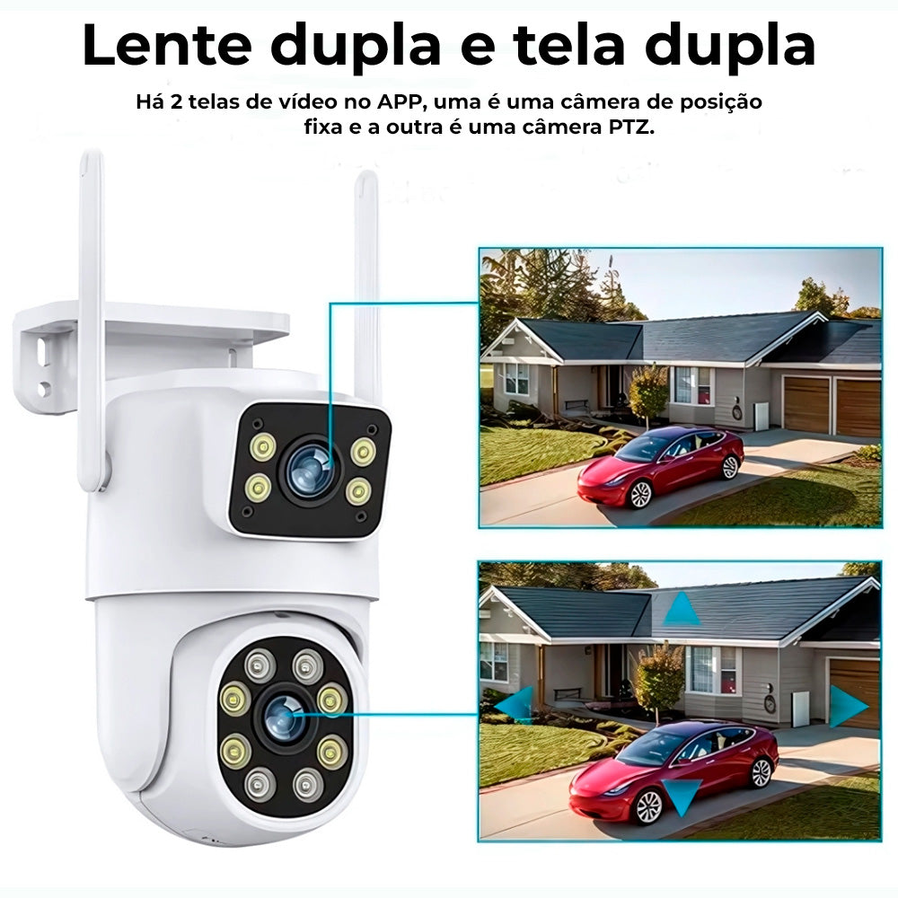 Câmera de Segurança Dupla, Giratória, IP, Wi-Fi, Full HD, 10MP, Tuya, Compatível Alexa e Google, IP66, Branca