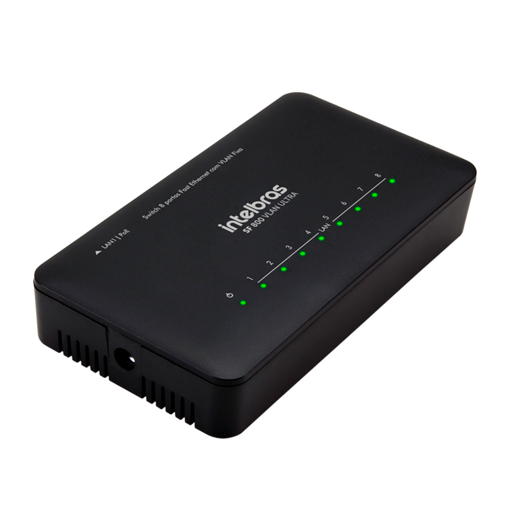 Switch Intelbras 8 Portas Fast Ethernet Poe Passivo 12-24V Com VLAN Fixa 10/100 Mbps -SF 800 VLAN Ultra- Anti Surto
