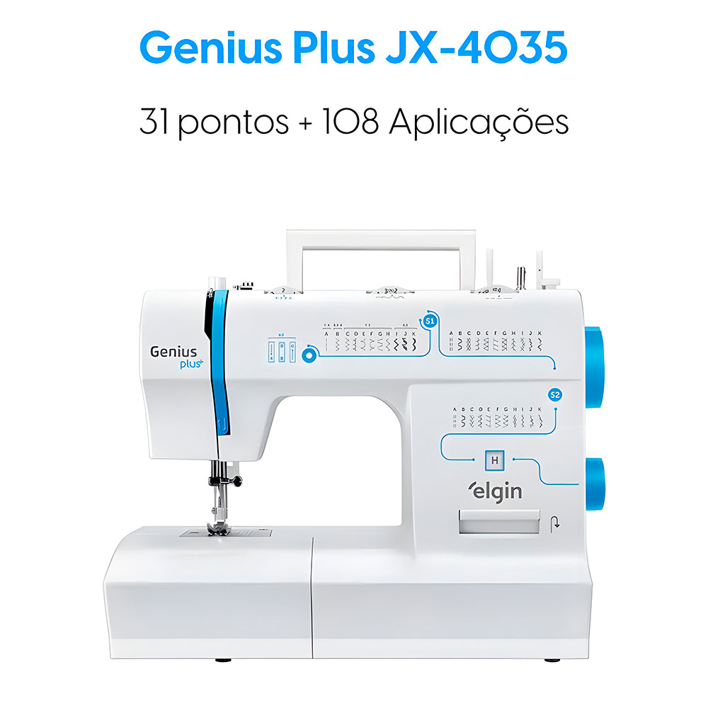 Máquina de Costura Portátil Elgin Genius Plus JX-4035-2 Branca e Azul, 220V
