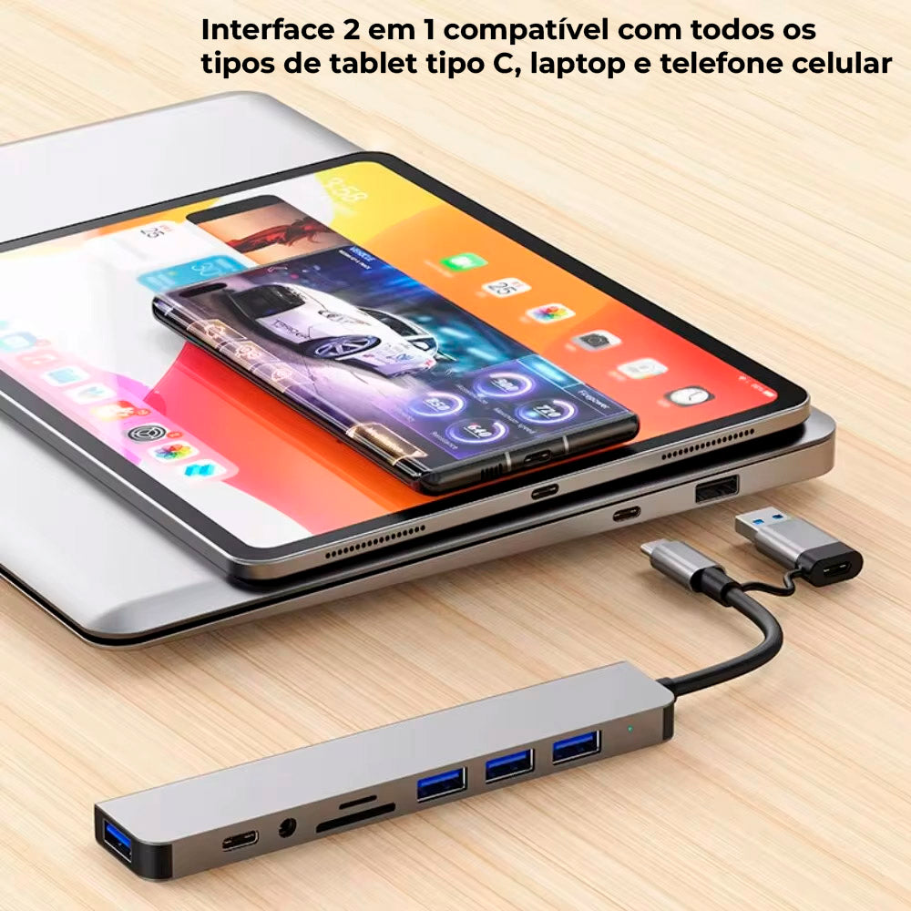 HUB USB 7 Em 1 Com Duas Saídas, Cinco Portas USB, 1 Entrada Para Cartão e Uma Para Aúdio - Cinza