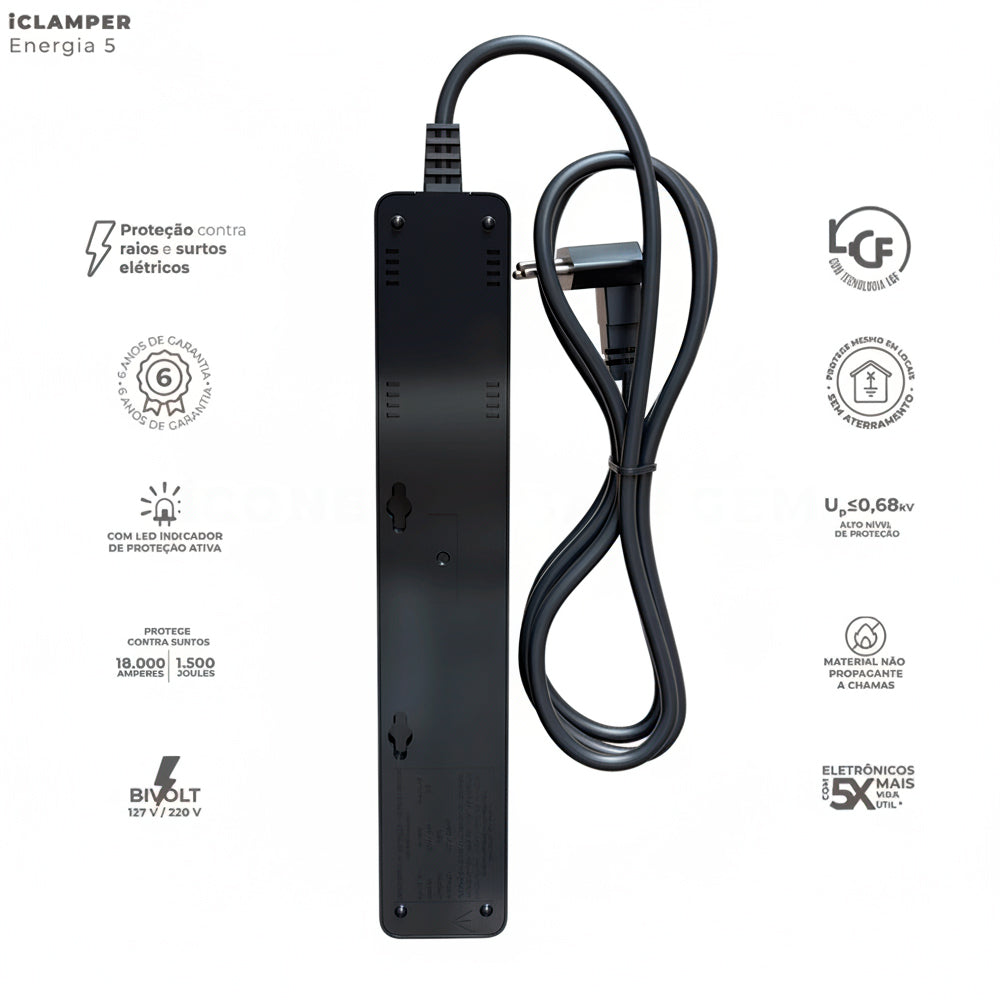 Filtro de Linha Clamper 5 Tomadas 2P+T, 10A, Bivolt, 1m, Proteção contra Surtos Elétricos com Tecnologia LCF - Preto
