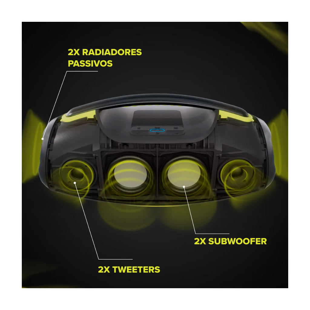 Caixa de Som Bluetooth Waaw by Alok Hyperboom 1000 Preto, 180W, RMS, IPX4, Bateria 24h, TWS, Party Mode