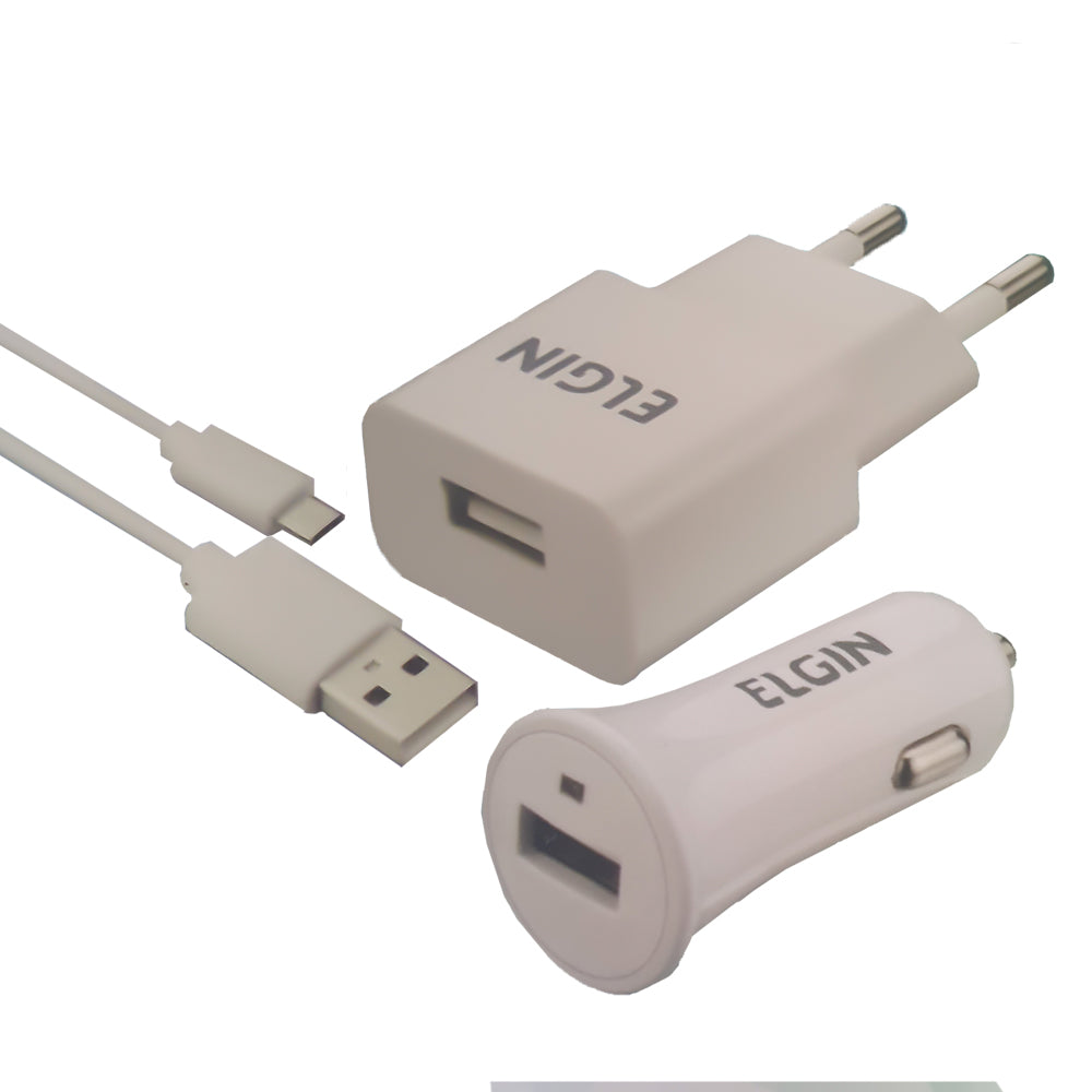Carregador USB de Tomada + Carregador Veicular 1 Saída 1A 5W + Cabo MicroUSB de 1 Metro Elgin, 46RCK1USB00 Branco Bivolt