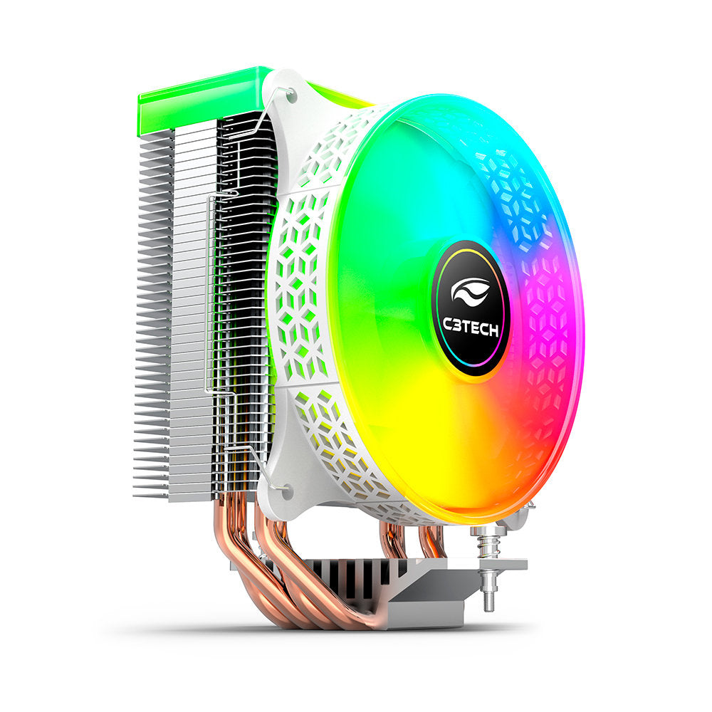 Cooler Fan CPU FC-L150RGB C3Tech, 120mm, 4 Heatpipes, RGB Espelho Infinito, 1600RPM, 50CFM, Intel/AMD - Branco