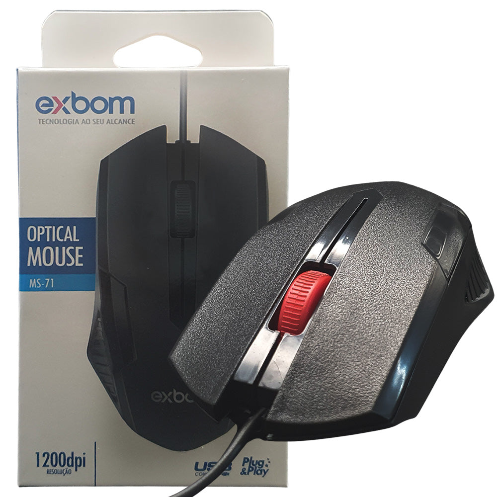 Mouse USB Óptico, 1.200 DPI, Com Cabo de 1 Metro, Compacto, Preto, Exbom- MS-71