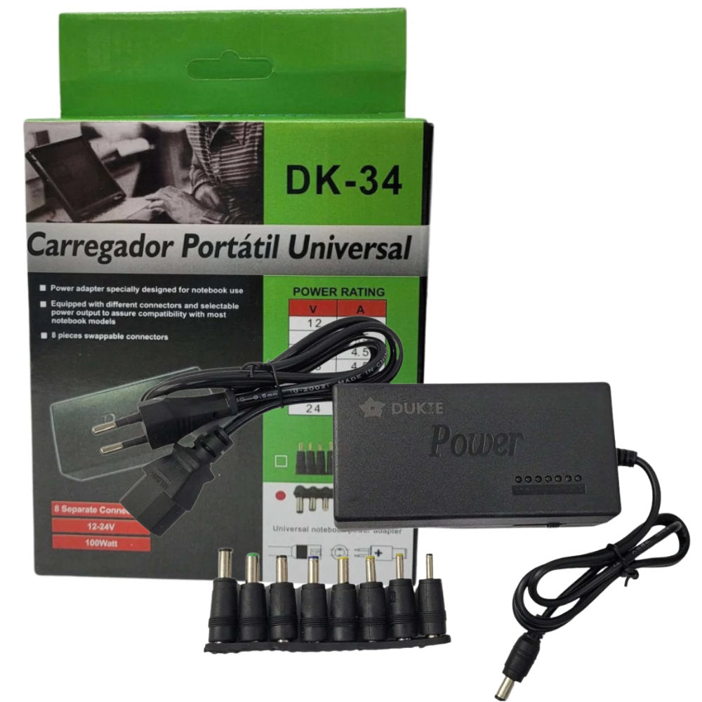 Carregador Portátil Universal, DK-34, Com 8 Conectores Separados, 12-24V, 100Watt