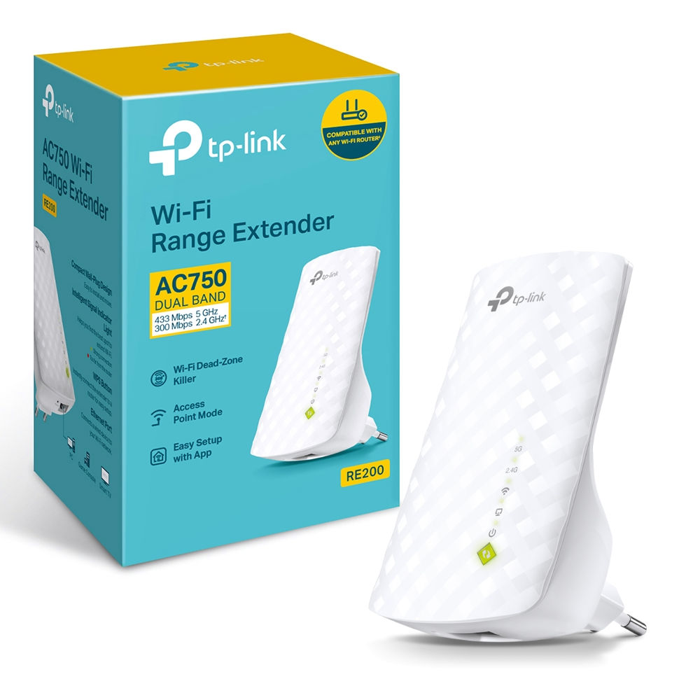 Repetidor Wi-Fi Mesh TP-Link RE200 AC750 Extensor Sinal, 433Mbps, 5GHz 300Mbps 2.4GHz Dual Band, Porta Ethernet, Branco