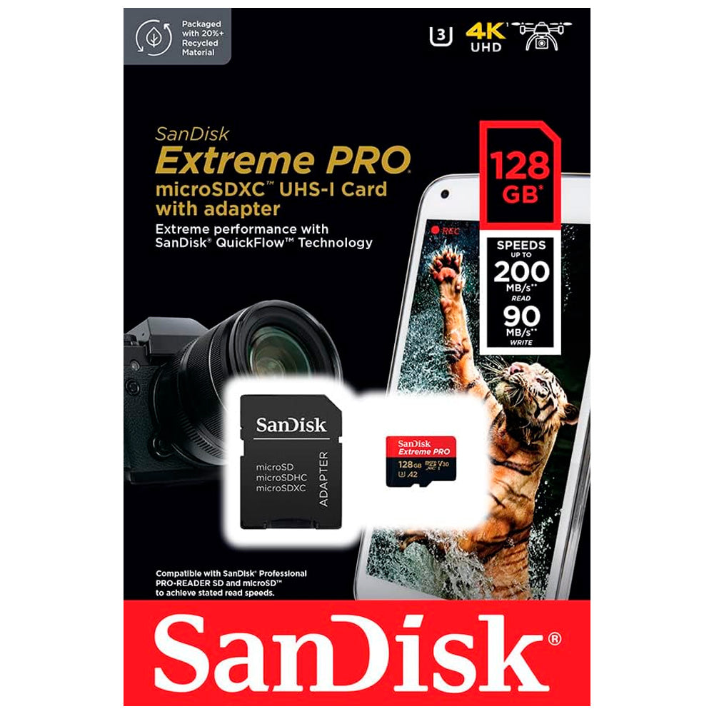 Cartão Micro SD SanDisk Extreme Pro UHS-I 128GB U3 V30 A2 200MB/s com Adaptador SD - 4K UHD e Full HD
