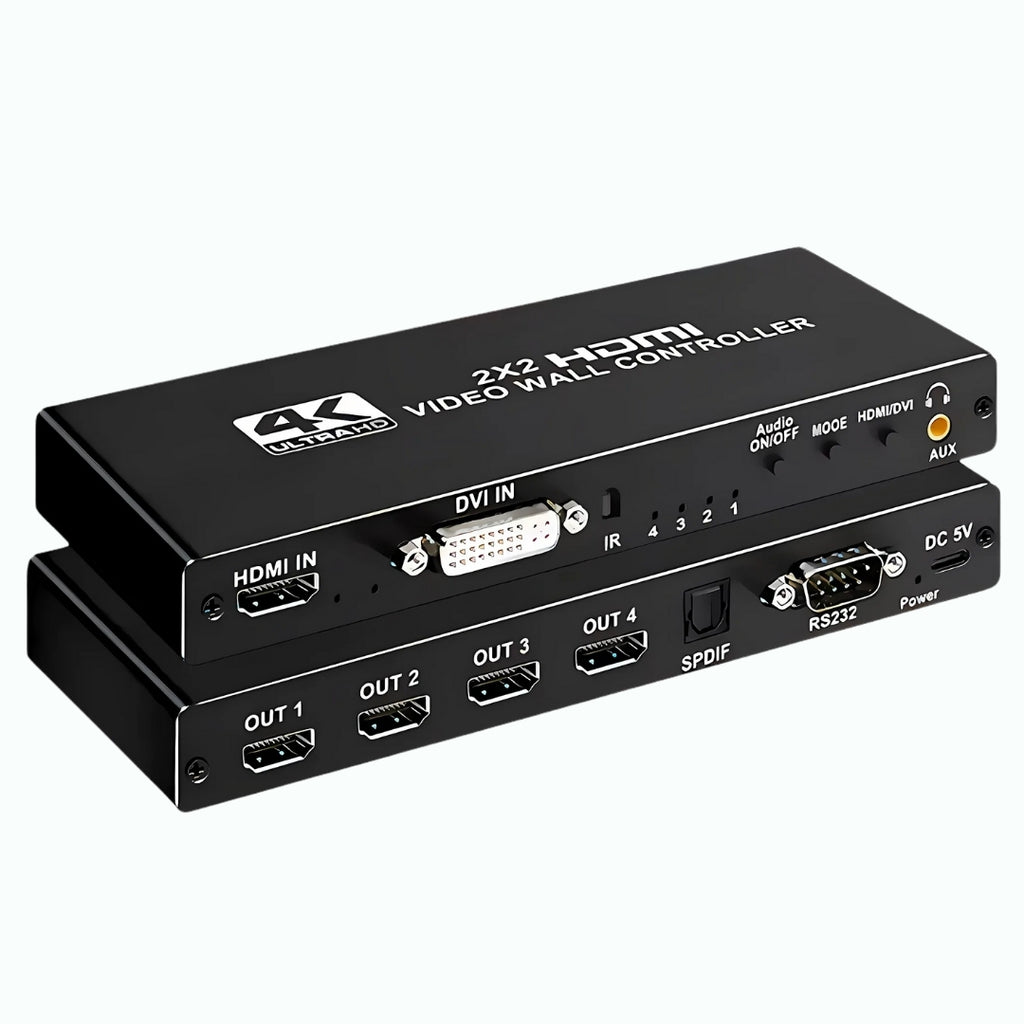 Controlador Vídeo Wall 2x2, Até 4K Full HD, HDMI, Divide 1 Imagem em 4 Telas, Fácil Instalação - Preto
