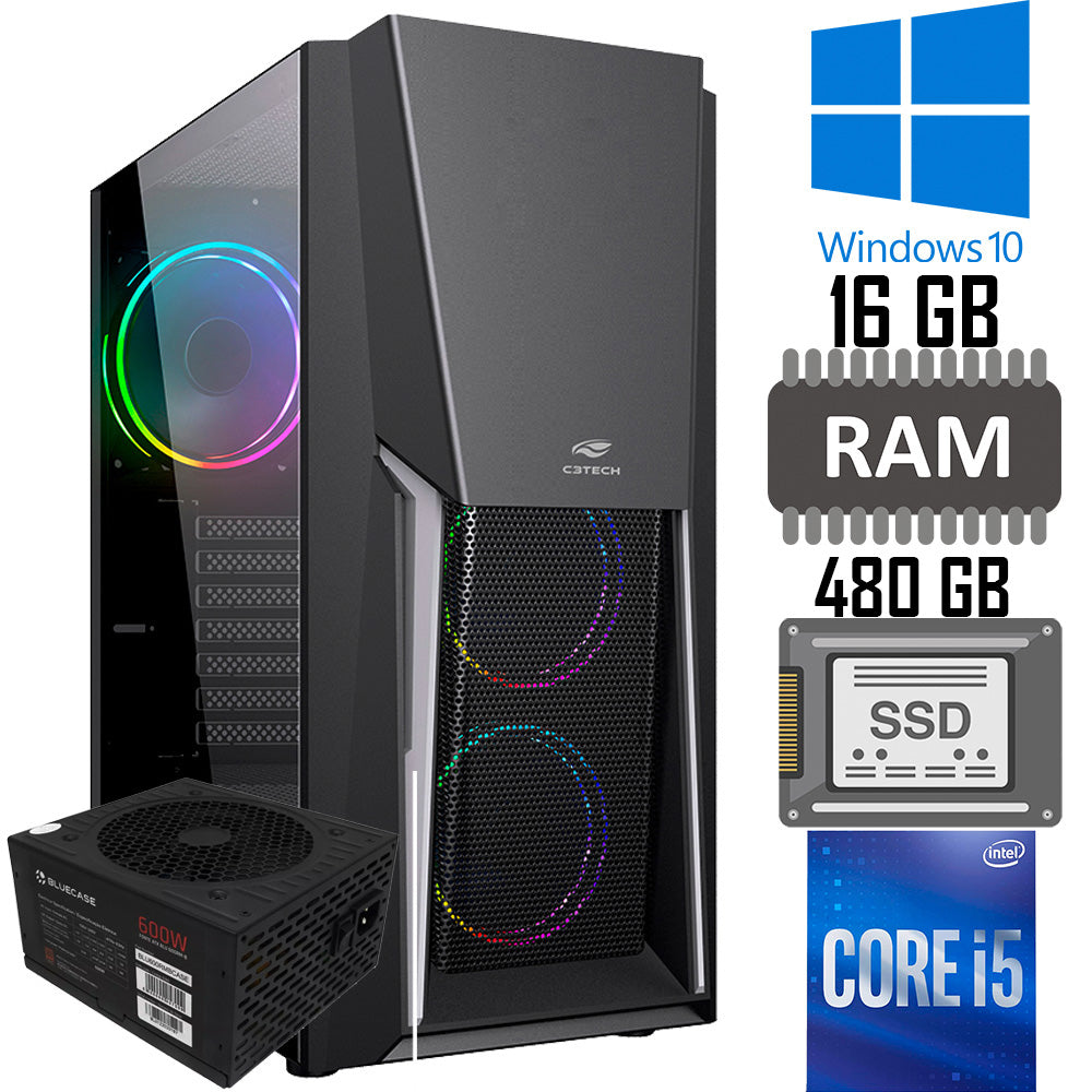Computador Gamer Core i5-10400F- HD SSD 480GB- Memoria 16GB- Placa de Video GeForce, GTX 1650 4GB- Fonte 650W 80Plus