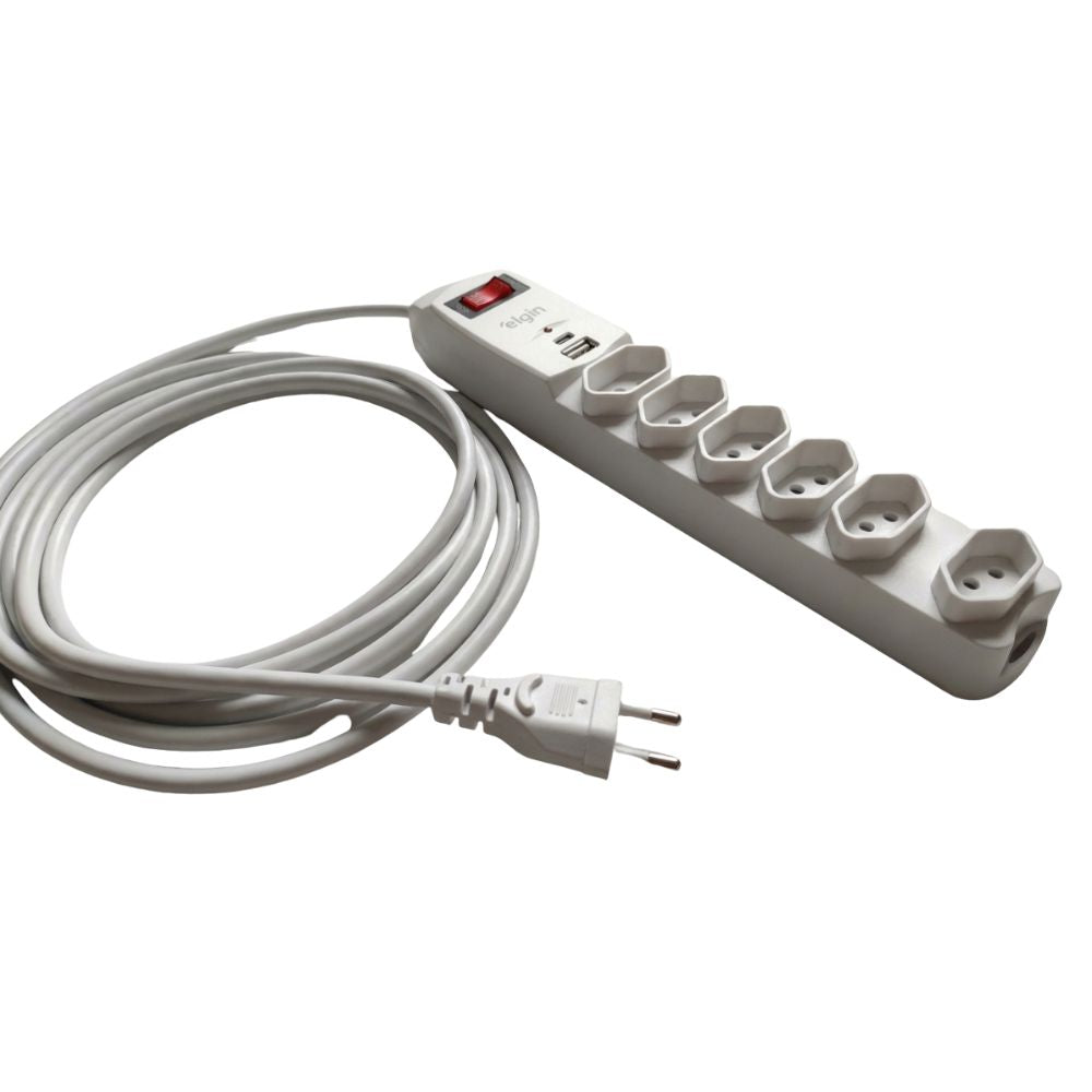 Filtro de Linha Elgin 6 Tomadas + USB-A e USB-C, Cabo 1.5m, 46RFL3060USB, Branco
