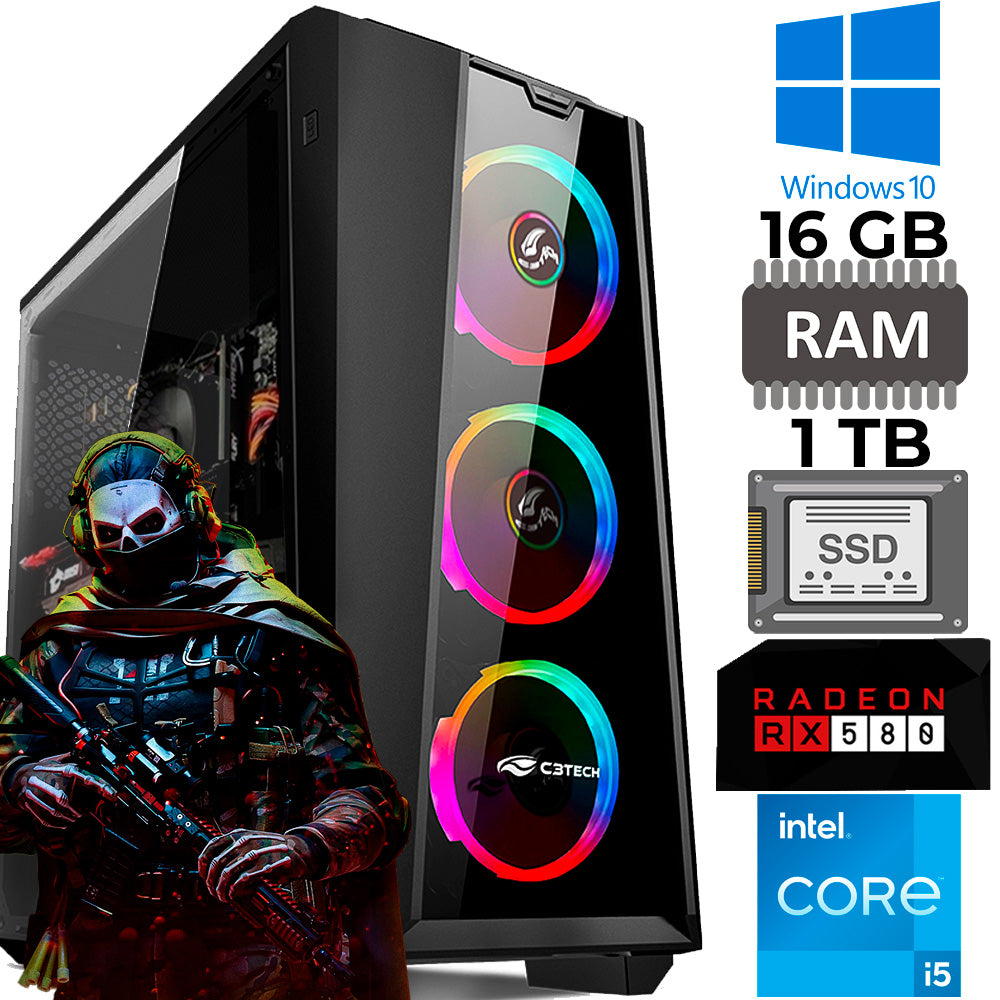 Computador Gamer I5-10400F, RAM 16GB, SSD 1TB, Placa de Vídeo RX 580 8GB, 256 Bits, Com Cooler FAN RGB