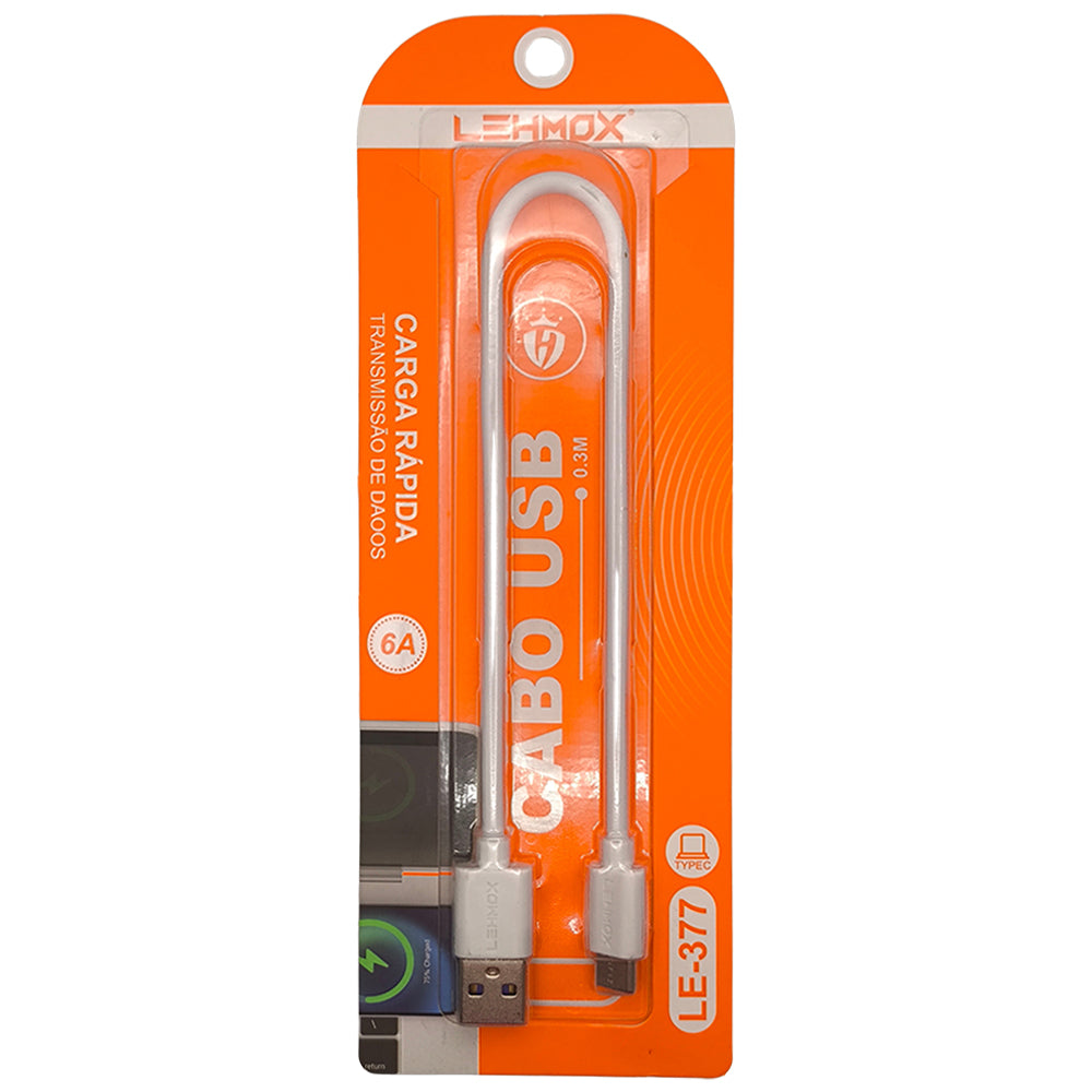 Cabo USB Para USB-C, Carregamento Rápido, 6A, 30cm Comprimento, Lehmox, LE-377, Branco