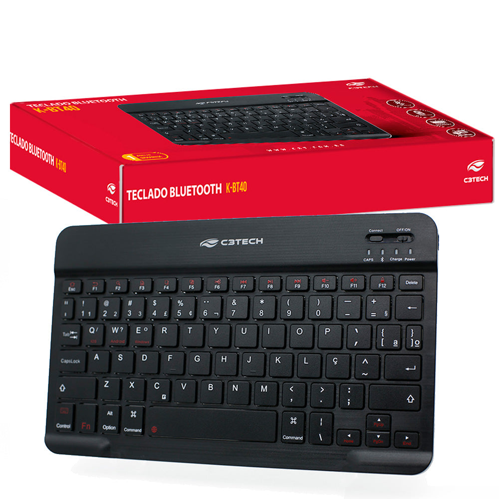 Teclado Sem Fio Bluetooth Multimídia K-BT40BK Mini, Formato Slim Ultrafino, C3Tech - Preto