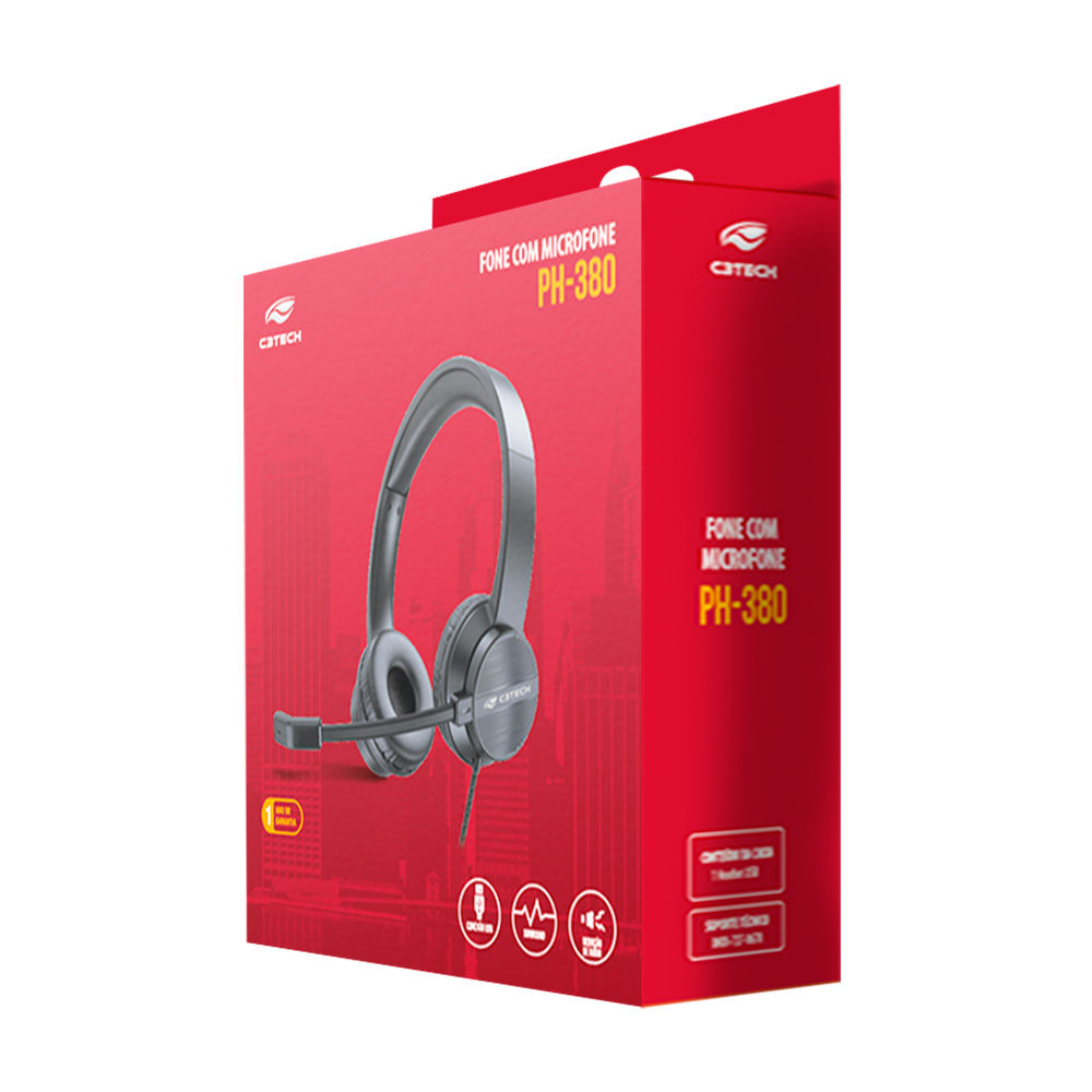 Headset USB C3Tech PH-380BK, Drivers 40 mm, Microfone Rotativo 120°, Redução de Ruído, Cabo de 1,8 m, Plug & Play