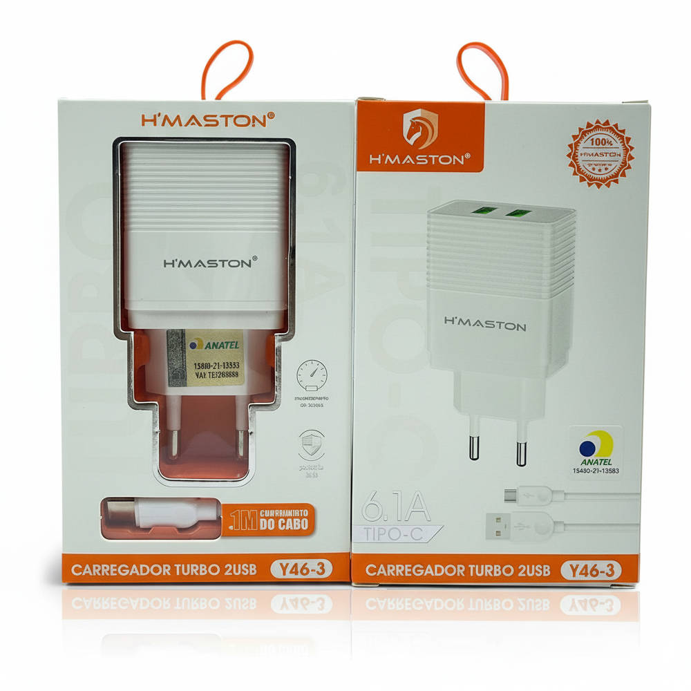 Carregador Turbo H'Maston Y46-3, com 2 Portas USB, Saída 6.1A, 5V, Bivolt 100-240V, com Cabo Tipo-C, Branco