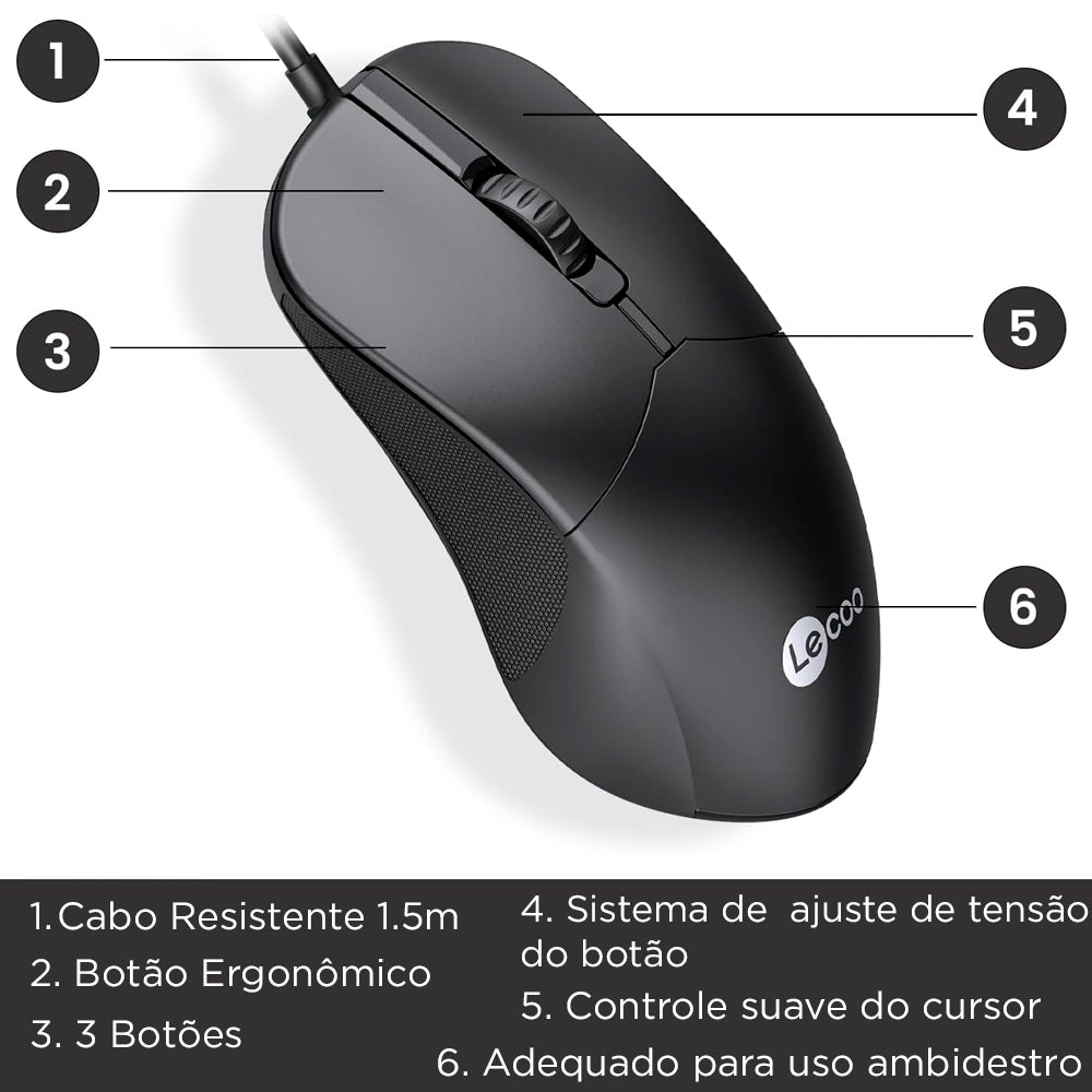 Mouse Com Fio USB, Lenovo Lecoo, 1.200 DPI, M1102, Ambidestro, Preto