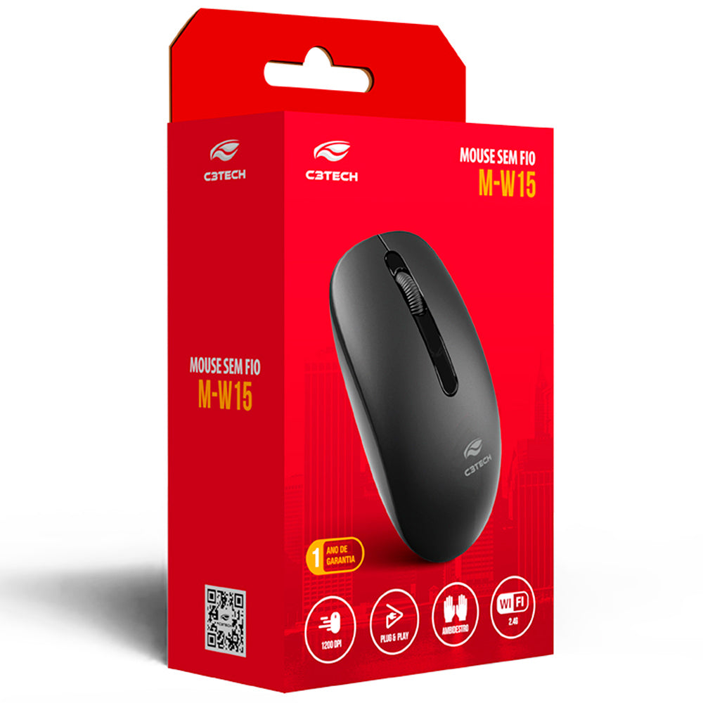 Mouse Sem Fio, Plug And Play, 1.200 DPI, M-W15RBK, C3Tech - Preto e Vermelho