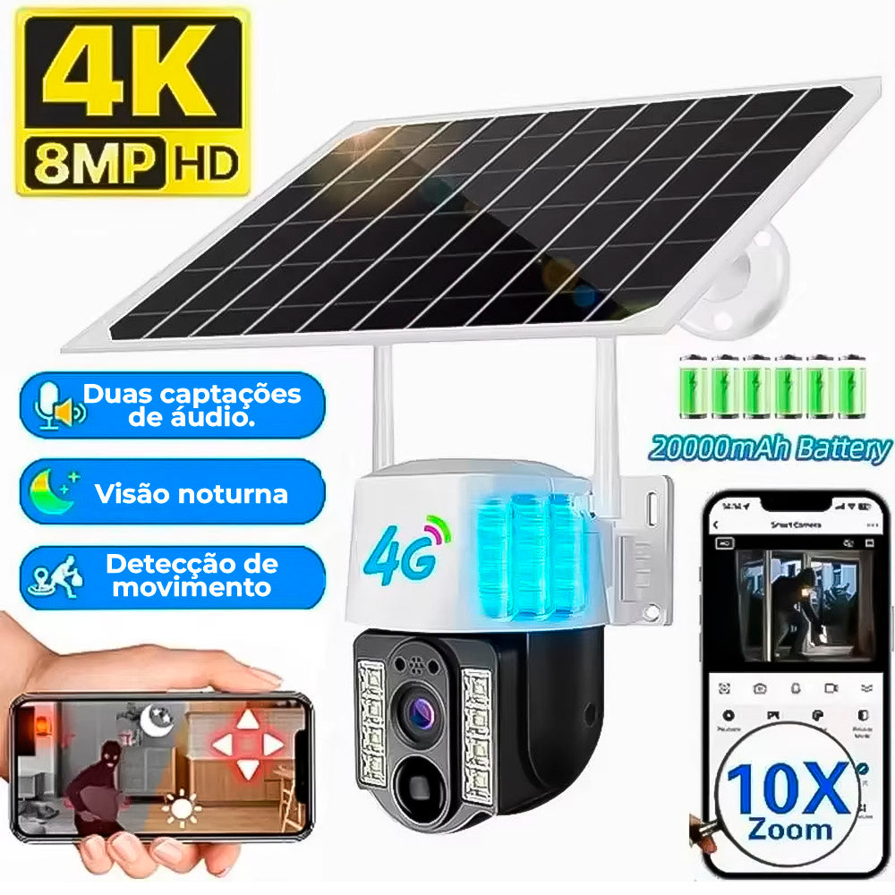 Câmera de Segurança IP Externa Com Paínel Solar, 8MP Full HD, 2.4GHz Wi-Fi, Detector de Movimento, Audio Biderecional