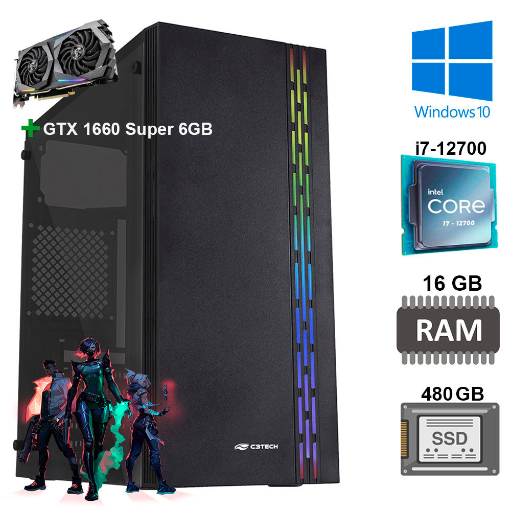 Computador Gamer Core i7 12700, SSD 480GB, Com HD 1TB, 16GB RAM, Placa Video 6GB GTX 1660, Fonte Real 500WAt