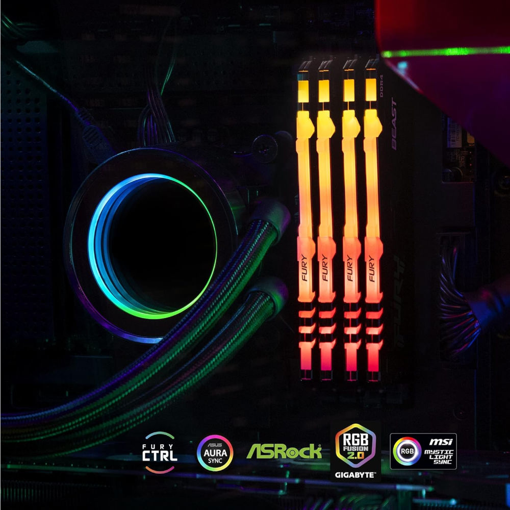 Memória RAM Kingston Fury Beast RGB 8GB (1x8GB) DDR4 3200MHz, CL16, 1.35V XMP 2.0, Preto, KF432C16BBA/8