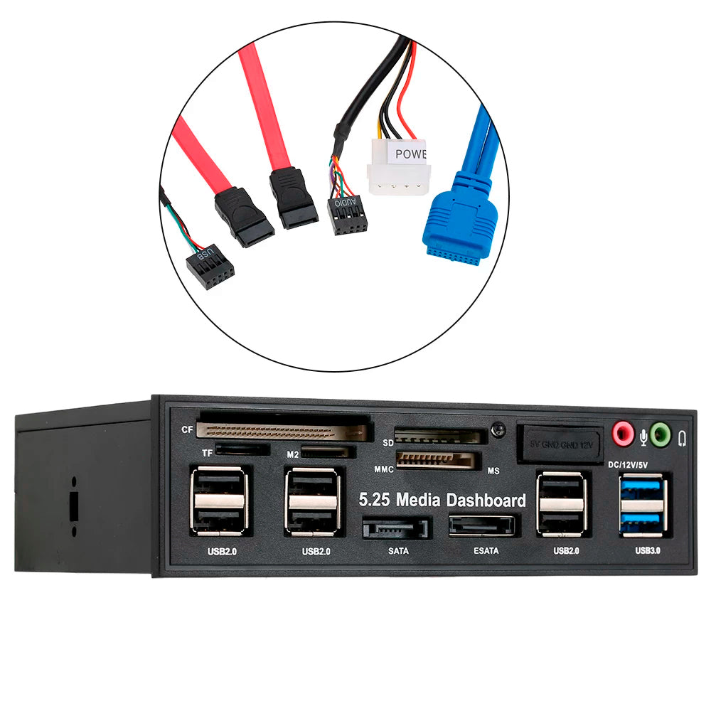 Hub USB 3.0 Multifunções com Leitor de Cartão, Porta eSATA/SATA, Compatível com Baias de 5.25"