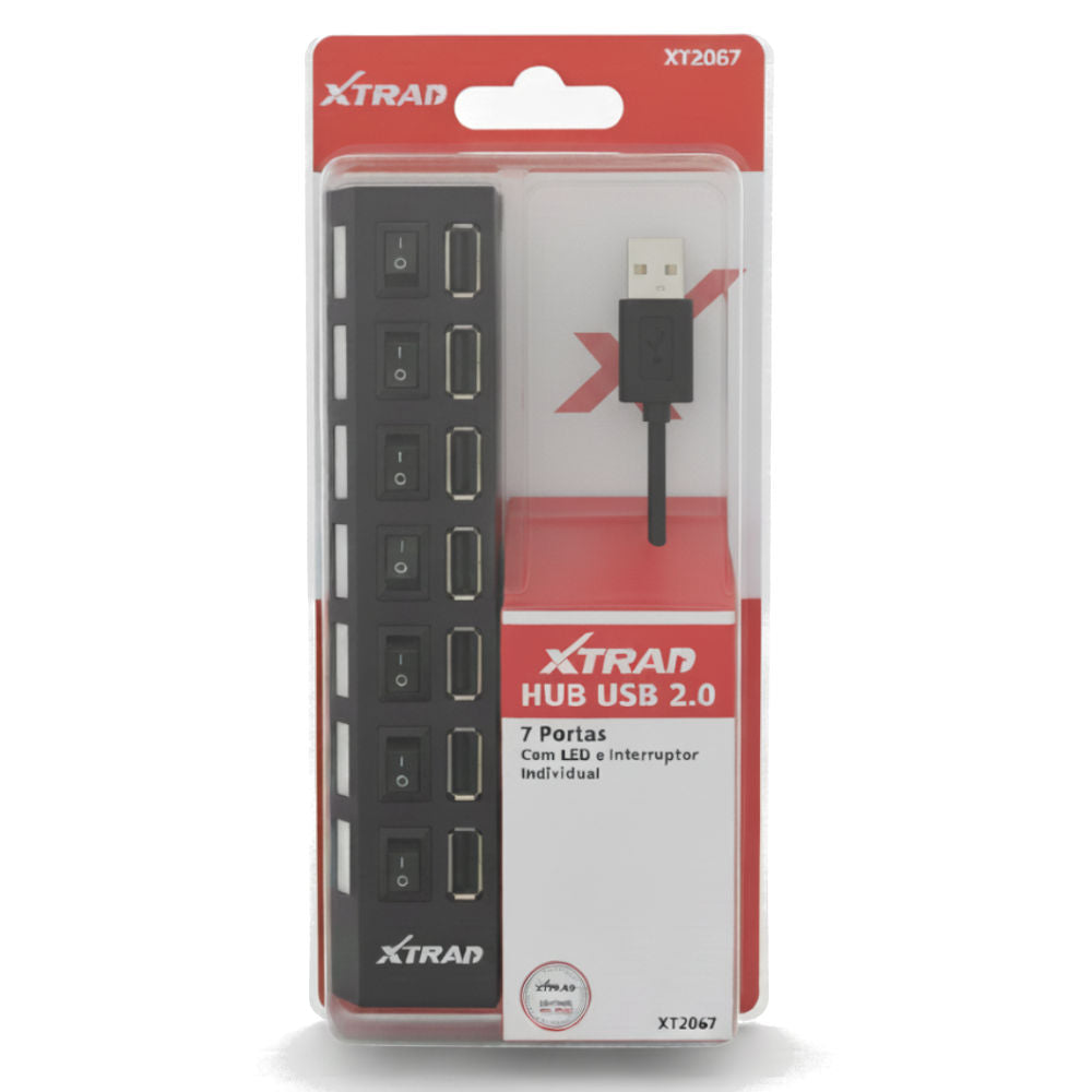 Hub USB 2.0 com 7 Portas, LED Indicador e Interruptores Individuais – Xtrad XT2067 Preto (Suporte até 500GB)