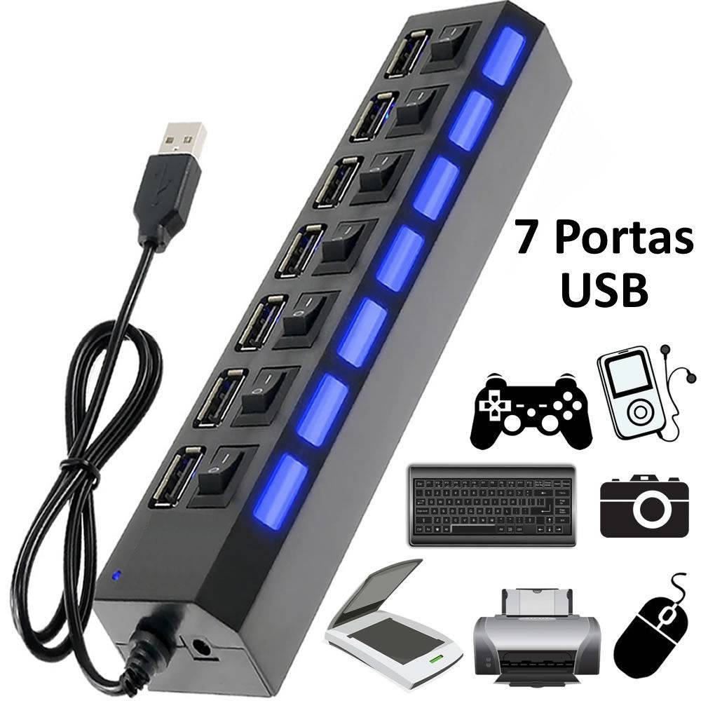 Hub Usb 2.0 7 Portas Hi-Speed Com Chave Liga Desliga Com Led