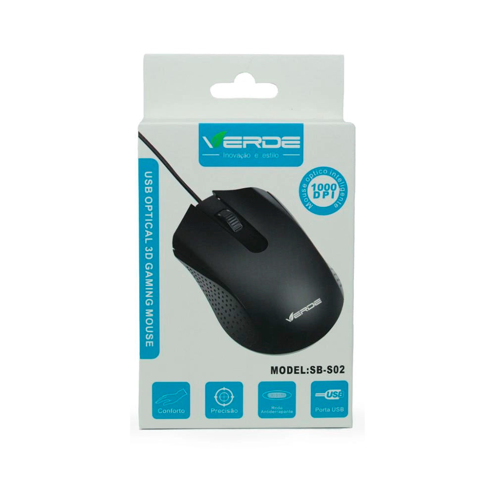 Mouse Óptico Com Fio USB, 1.000 DPI, Scroll Anti-Derrapante, Verde - SB-S02