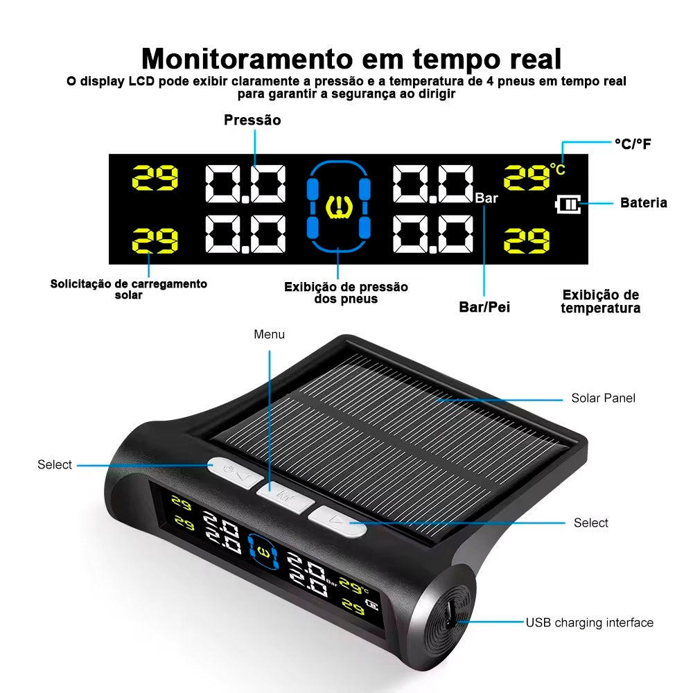 Sistema de Monitoramento de Pressão de Pneus TPMS, Com Carregamento Solar - Preto