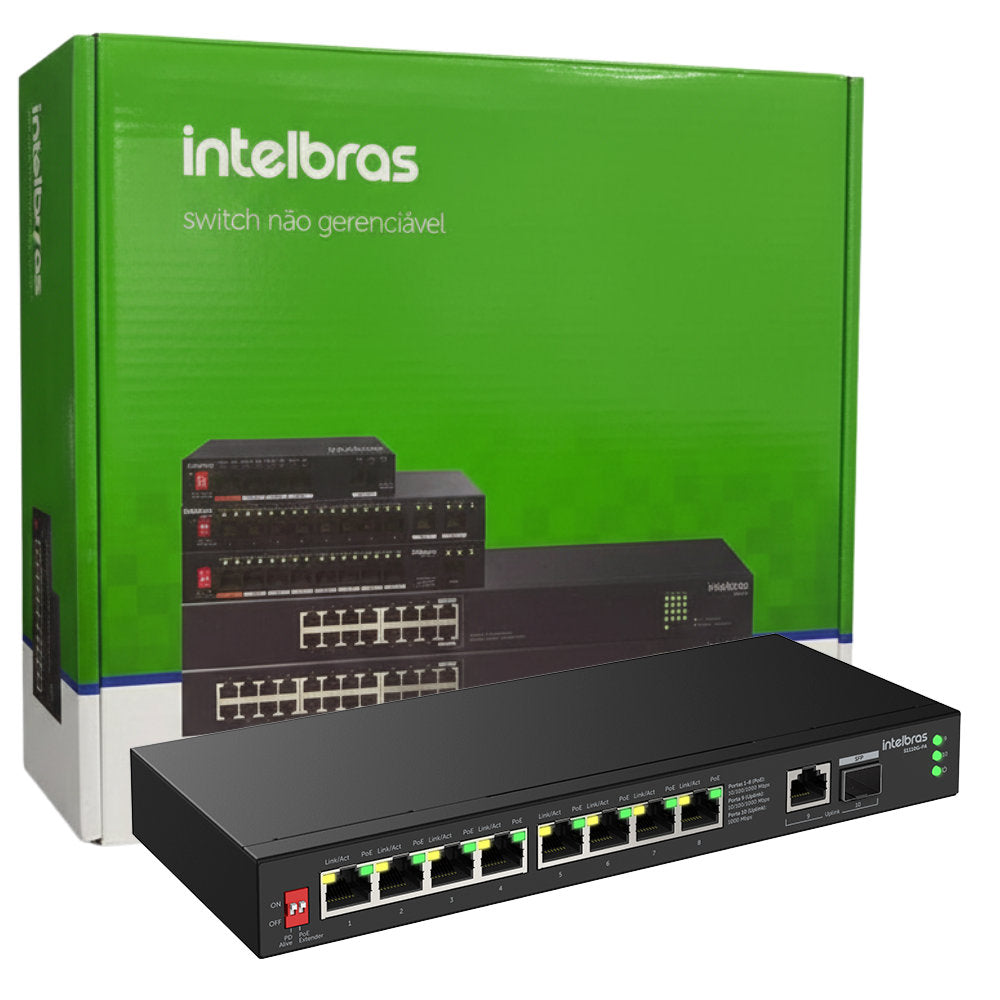 Switch Gigabit Intelbras 10 Portas S1110G-PA 8 Portas PoE + 2 Portas Uplink RJ45 Função VLAN