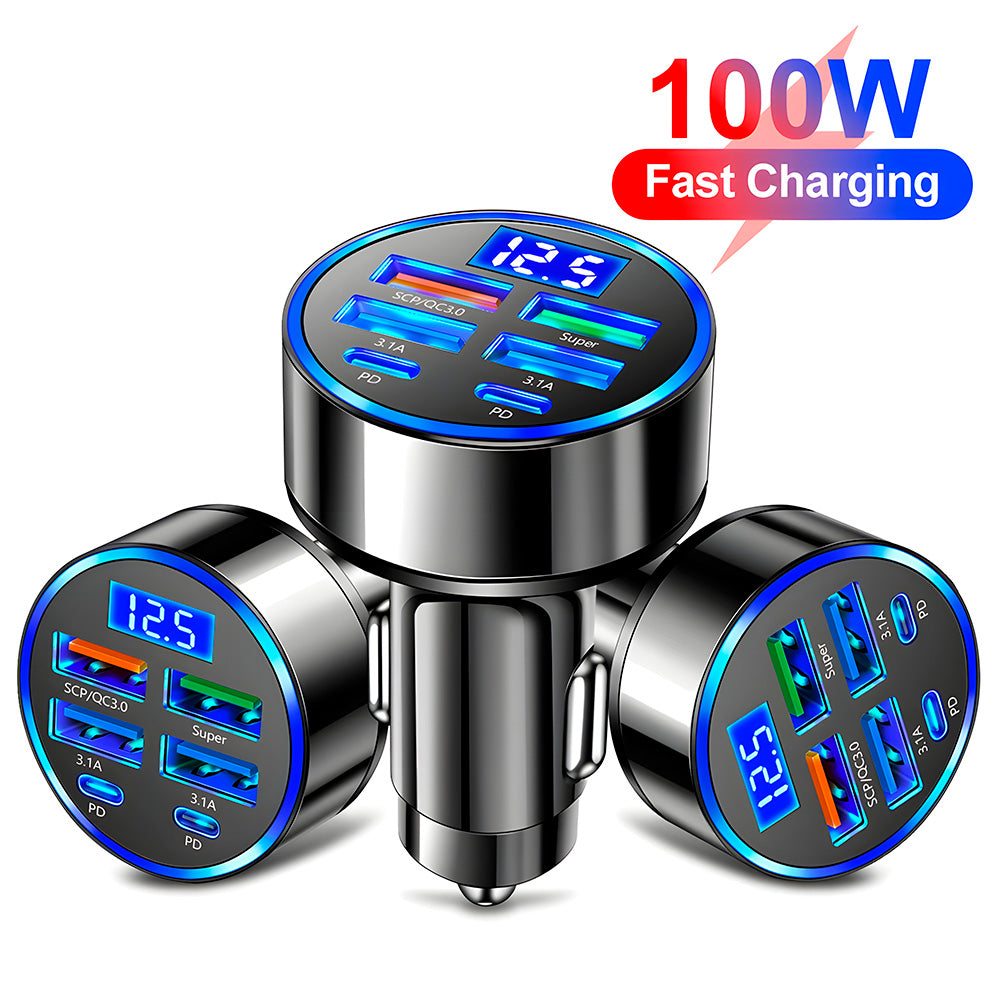 Carregador Veicular Fast Charging Com 4 Portas USB 3.1A, Duas Portas USB-C e Display Digital - Preto