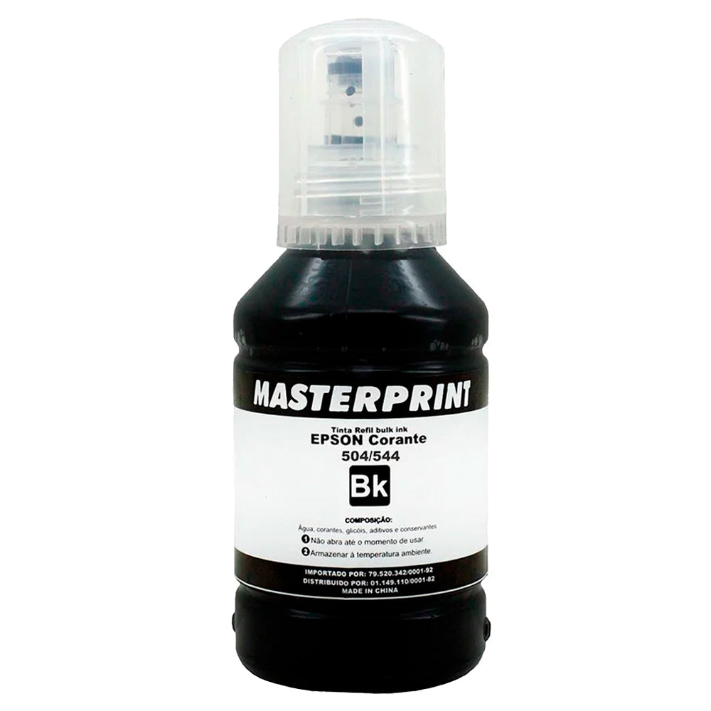 Refil de Tinta Epson Corante 504/544 BK Preto, 127ML, Masterprint, Para Ecotank L4150 / L4160 / L4260 / L6171 / L6161