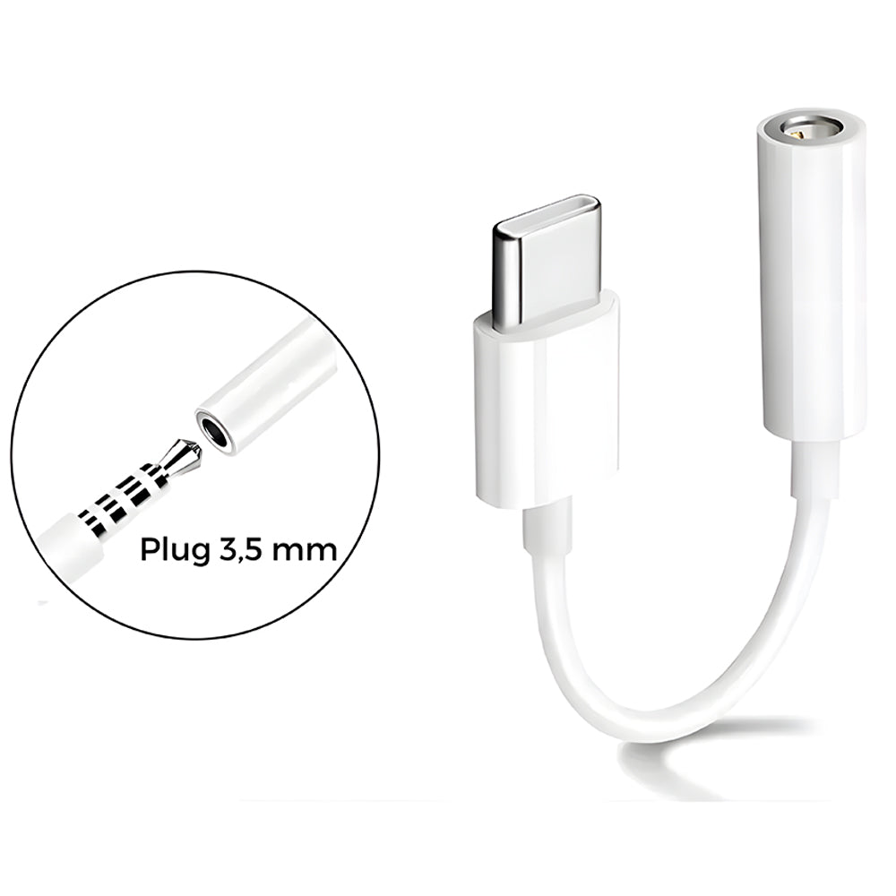 Adaptador Tipo-C para P2 A'Gold CBA-09, Conector USB-C Macho para P2 Fêmea, Adaptador Fone de ouvido - Branco